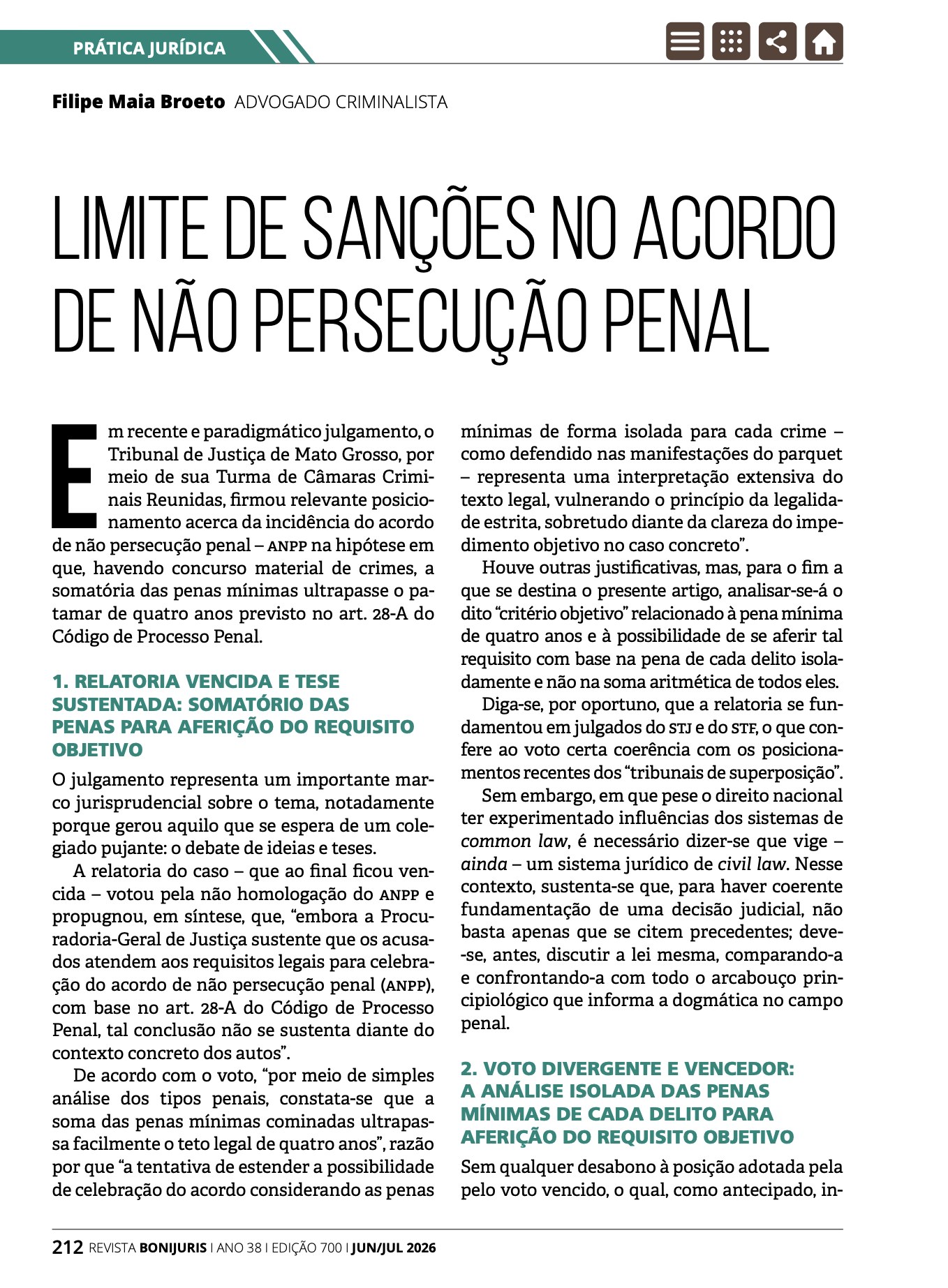 Primeira página do artigo Limite de sanções no acordo de não persecução penal, de Filipe Maia Broeto, na Revista Bonijuris 700
